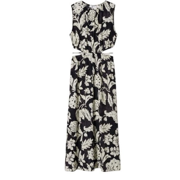 Mango Willow Floral Print Side Cutout High Neck Maxi Dress Black and White Sz - Picture 2 of 4